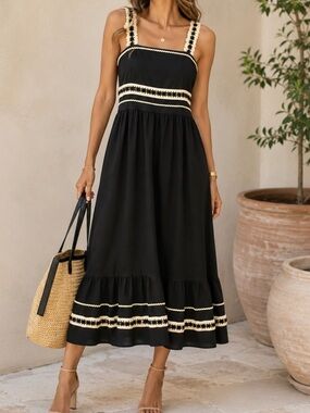Tahari ASL Black Midi Dress Ivory Crochet Trim Sleeveless Flare NWOT Size 14